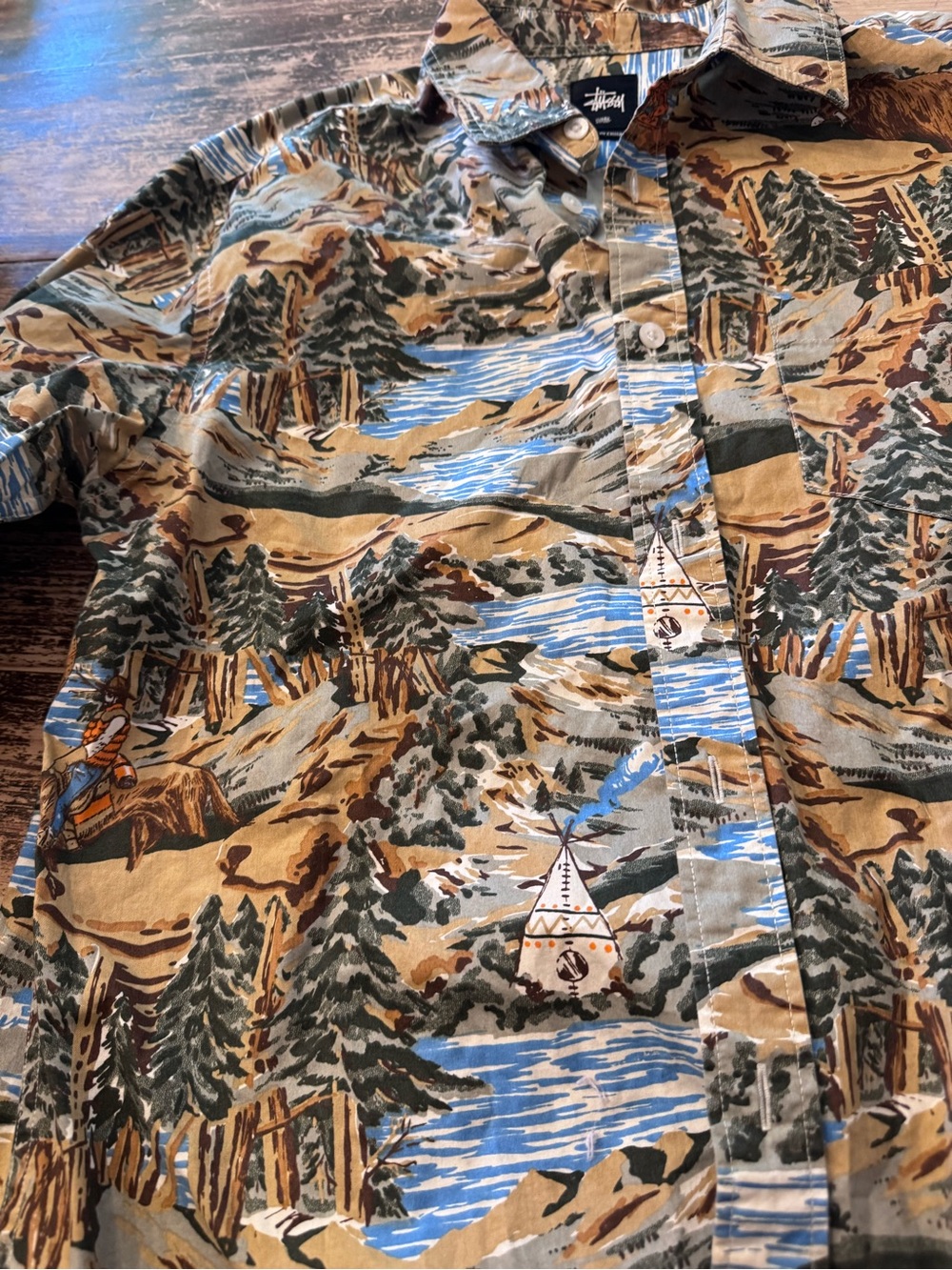 Stussy Men’s Scenic Camping Print Button-Up Shirt - Tan/Blue vintage 90’s - Picture 5 of 9